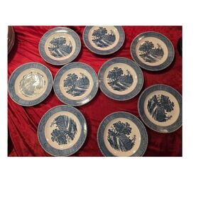 Vintage Blue White Transferware Bread Butter Plates Rural Cottage Scene Set of 9
